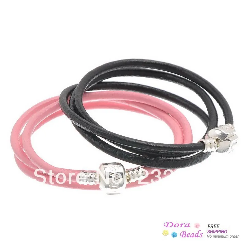 hot- Cowhide Leather European Charm Wrap Bracelets Triple Loop Black &amp Pink Snap Clasp &quotLove&quotCarved 57cm(22 4/8&quot) 2PCs (Z00105) |