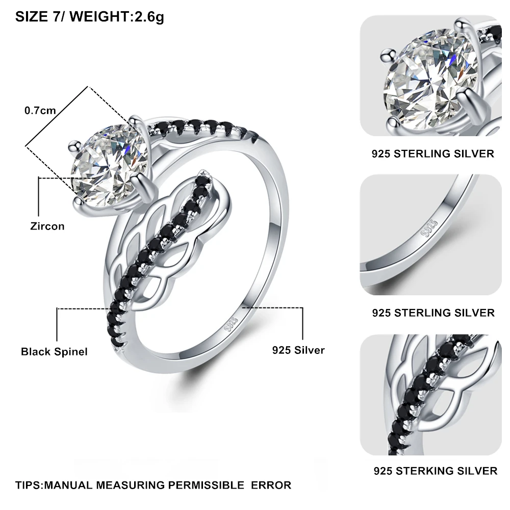 [Черный ость] 925 пробы Серебряные ювелирные изделия палец кольцо лист черной шпинели кольца для Для женщин женские Bague Серебро 925 jewelry G094