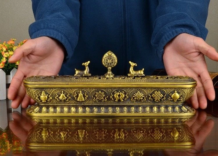 

4 China Buddhism Brass Copper Eight treasures Deer Palace Incense Burner Censer
