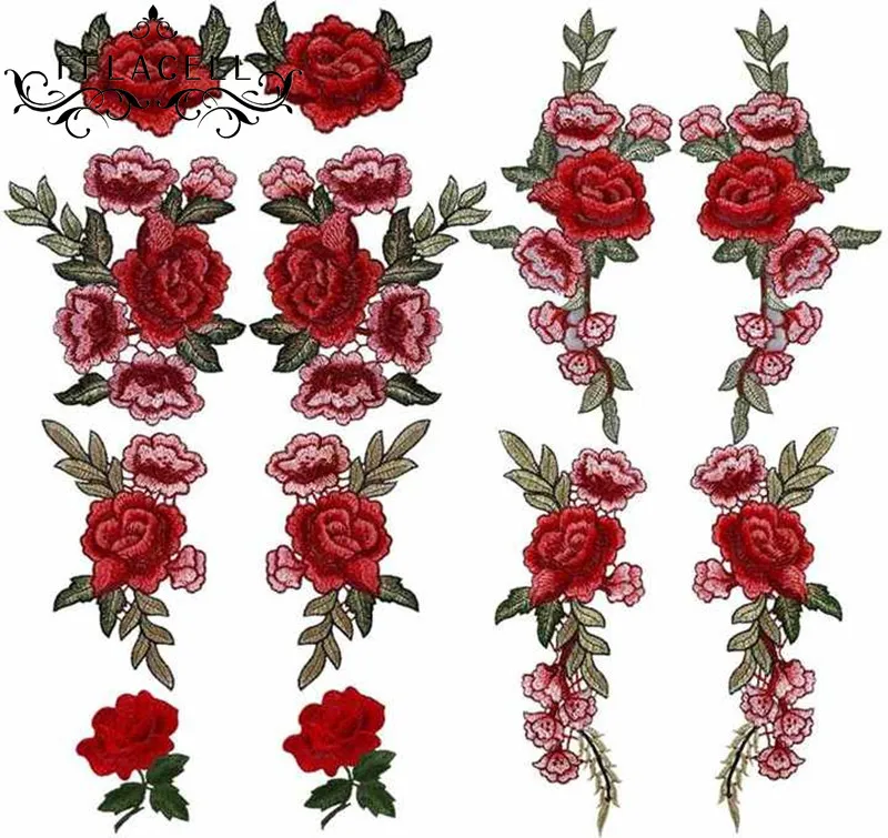 

FFLACELL Resplendent Flower Red Rose Blossom Applique Embroidery Patch Fabric Sticker Sew-on