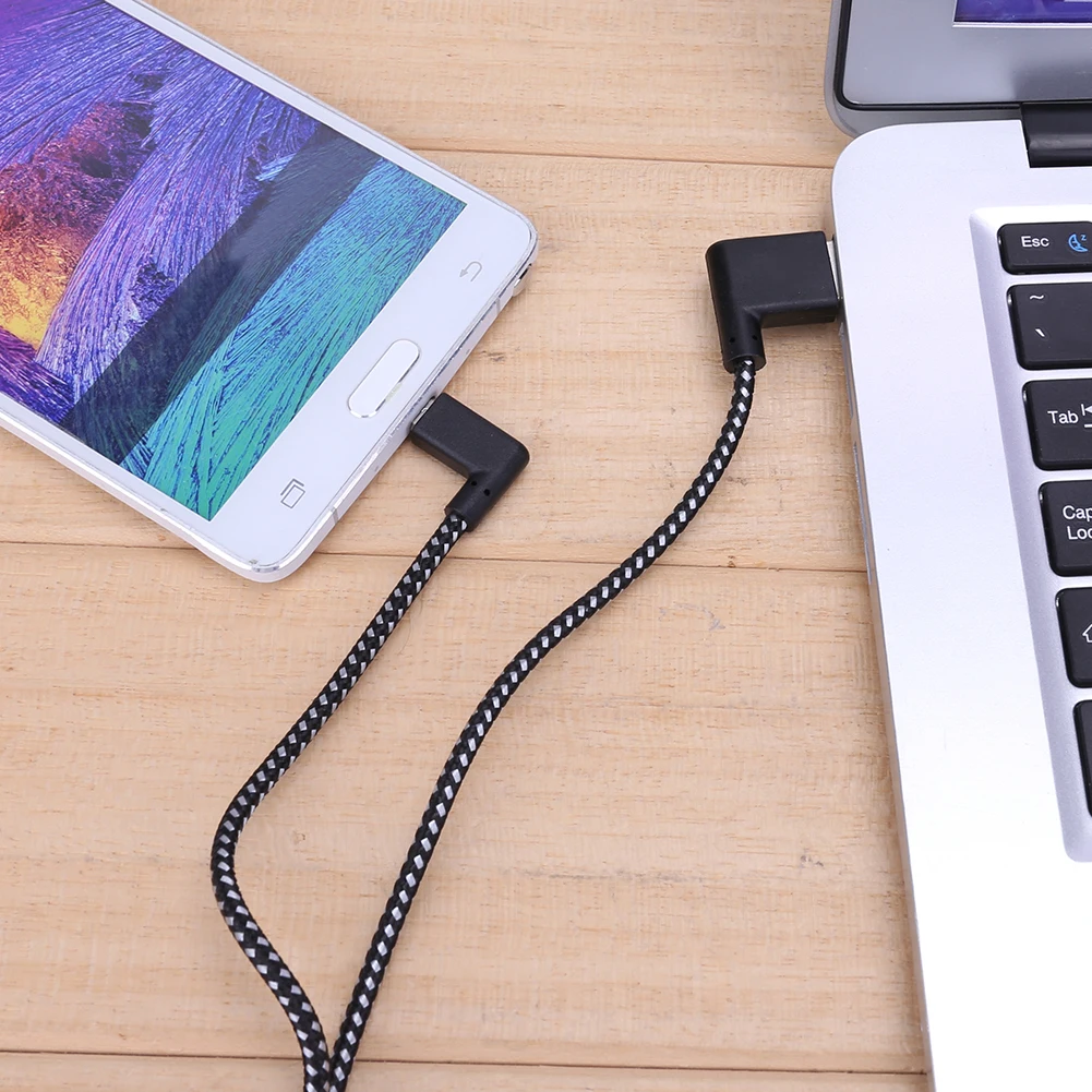 

6MF33 Micro Usb Charging Cable 90 Degree Right Angle Black Nylon Braid Data Sync Transfer Cord Wire Line