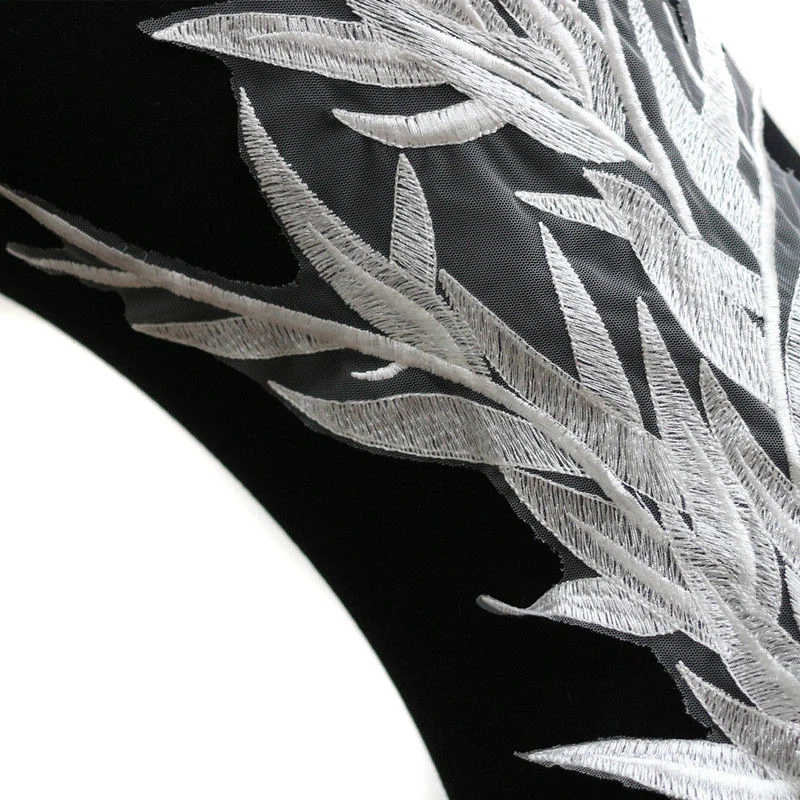 JX-LCLYL  New Large Leaf Embroidery Lace Applique Off White Back Bridal Tulle Motif Bamboo