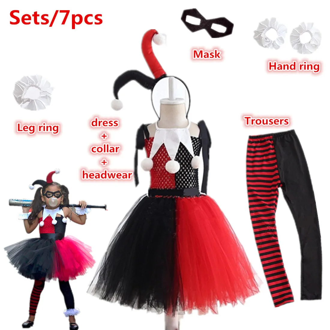 Halloween costume for kids clown female Harry Quinn anime Cosplay costumes Carnival Christmas Party clothing COS dress for girls