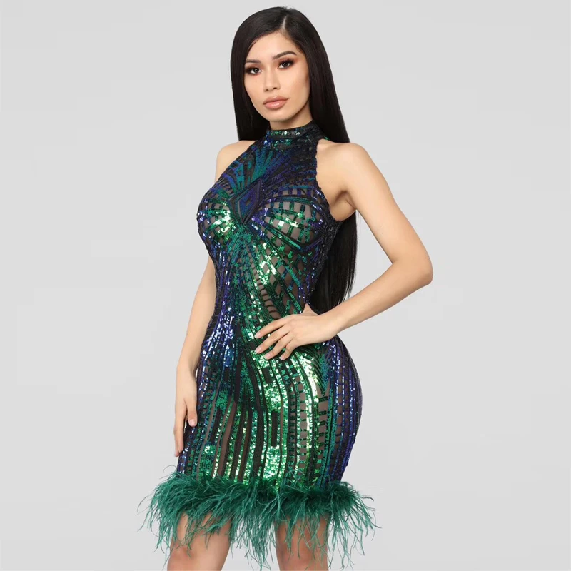 sequin feather bodycon dress