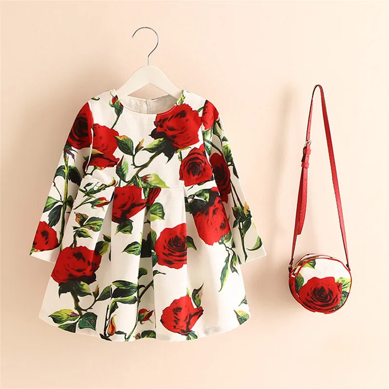 Long Sleeve Dress Girl Christmas Dress 2016 Autumn Winter Floral Print Toddler Girl Dresses Kids Clothes