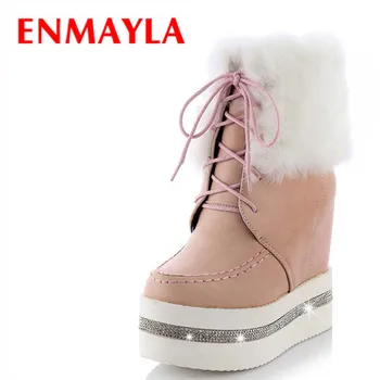 

ENMAYLA Winter Warm Fur Snow Boots Women Lace-up High-top Shoes Woman Rhinestone Wedges Heel Platform Ankle Boots Shoes