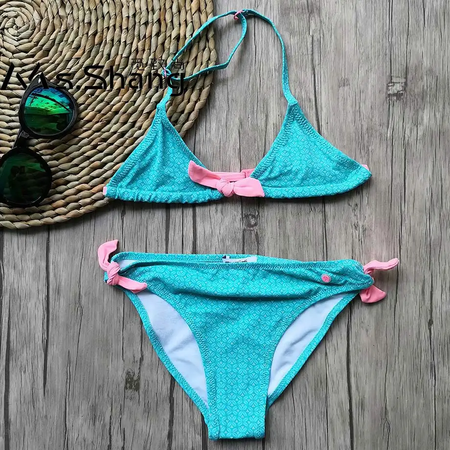 

2-12 Year Baby Girl Swimsuit Kids Print Teenager Girl Bikini Set Halter Top Children Swimwear Bow-Knot Toddler Girl Bathing Suit