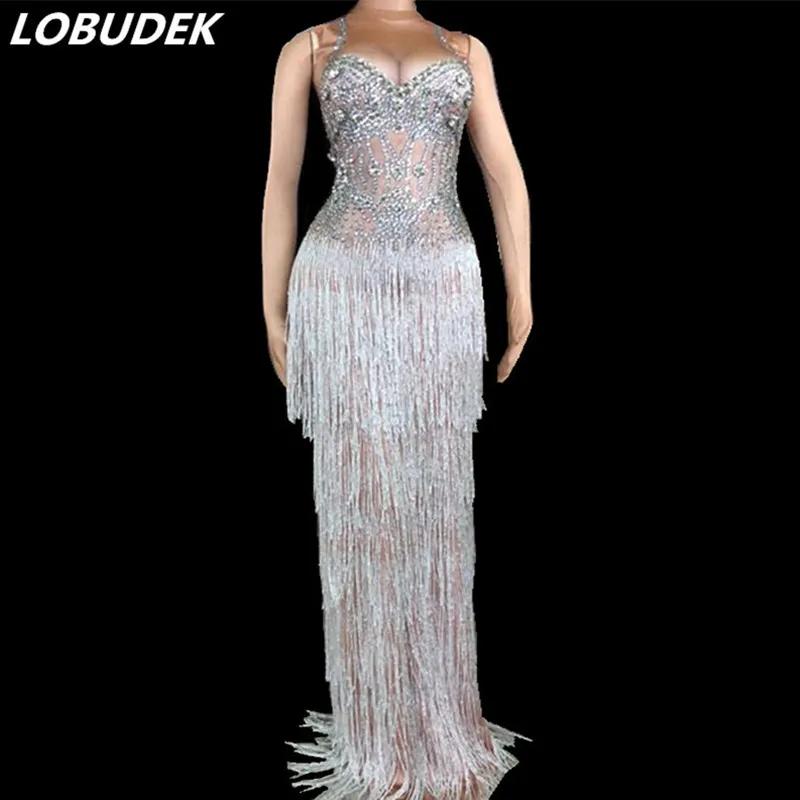 

High Quality Women Rhinestones Tassels Long Dress Sexy Leotard Trailing Dresses Party Catwalk Clothing Nightclub Stage Costume
