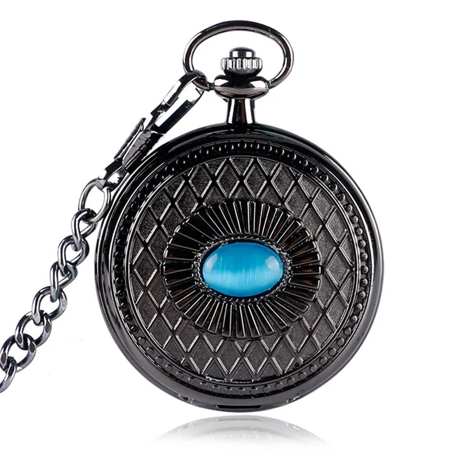 

Mysterious Blue Eye Display Mechanical Pocket Watch Steampunk Black Pendant Chain Cool Antique Pocket Clock Gifts Men Women