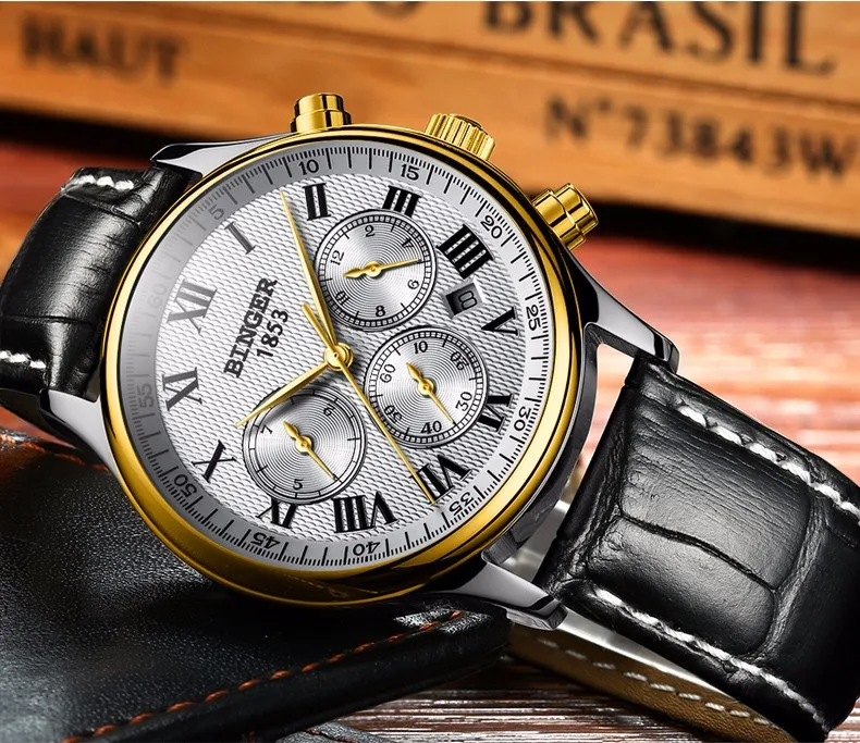 Watches Men Luxury Brand BINGER Automatic Mechanical Watch Waterproof Calendar Leather Wristwatch relogio masculino