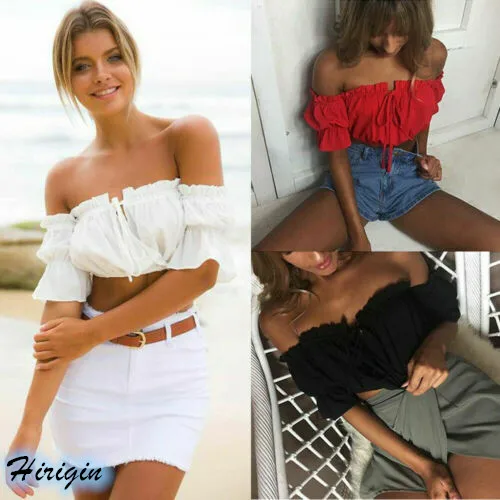Summer Women Sexy Crop Tops 2019 New Summer Sexy Women Slash Neck Short Sleeve Off Shoulder Solid Short Crop Tops