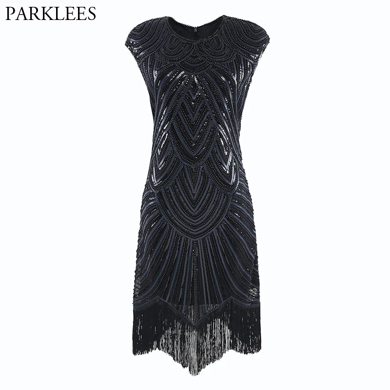 

Womens Black Flapper Sequin Glitter Dress Art Deco Stage Party Prom Tassel Beaded Dresses Female O-Neck Cap Sleeve Midi Vestidos