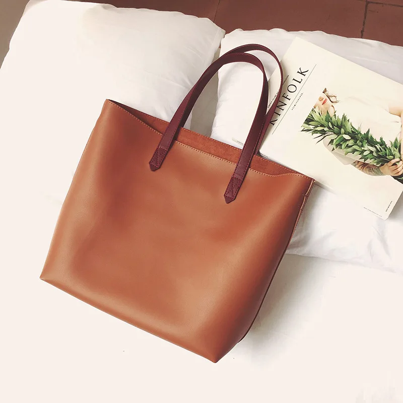 Женская сумка-тоут для отдыха из искусственной кожи, женская сумка для покупок, простой стиль, брендовая дизайнерская женская сумка, большая сумка на плечо с ручкой - Цвет: Шоколад