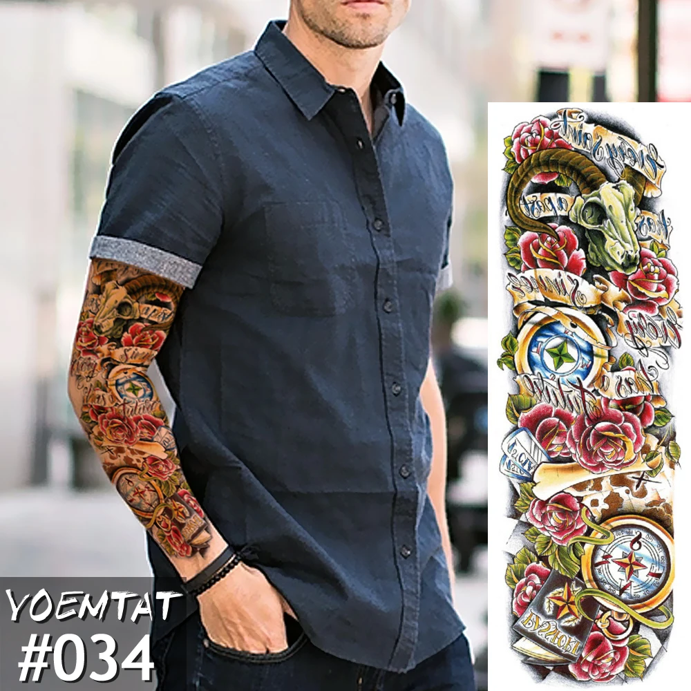 

New 1 Piece Temporary Tattoo Sticker Clock rose Full Flower Tattoo with Arm Body Art Big Large Fake Tattoo Sticker