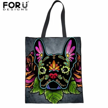 

FORUDESIGNS Foldable Shopper Bags for Women Day of the Dead French Bulldog Print Women's Cloths eco Bag Mom Shopping Handbags