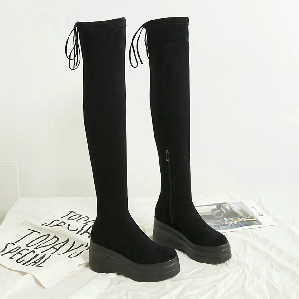 EshtonShero Women Over The Knee Boots Wedge High Heel Shoes Lace Up Round Toe Elastic Band Woman Ladies Motorcycle Boot Size 3-8