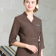 Реальные Новинки для женщин летние Для женщин среднего рукавом Стенд воротник spa униформа Красота салон Спецодежда медицинская медсестра Рабочий набор