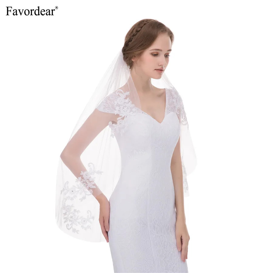 Favordear/ настоящая фотография Белое мягкое фатиновое платье цвета слоновой кости, однослойная фатиновая вуаль с кружевной аппликацией для невесты Velo De Novia