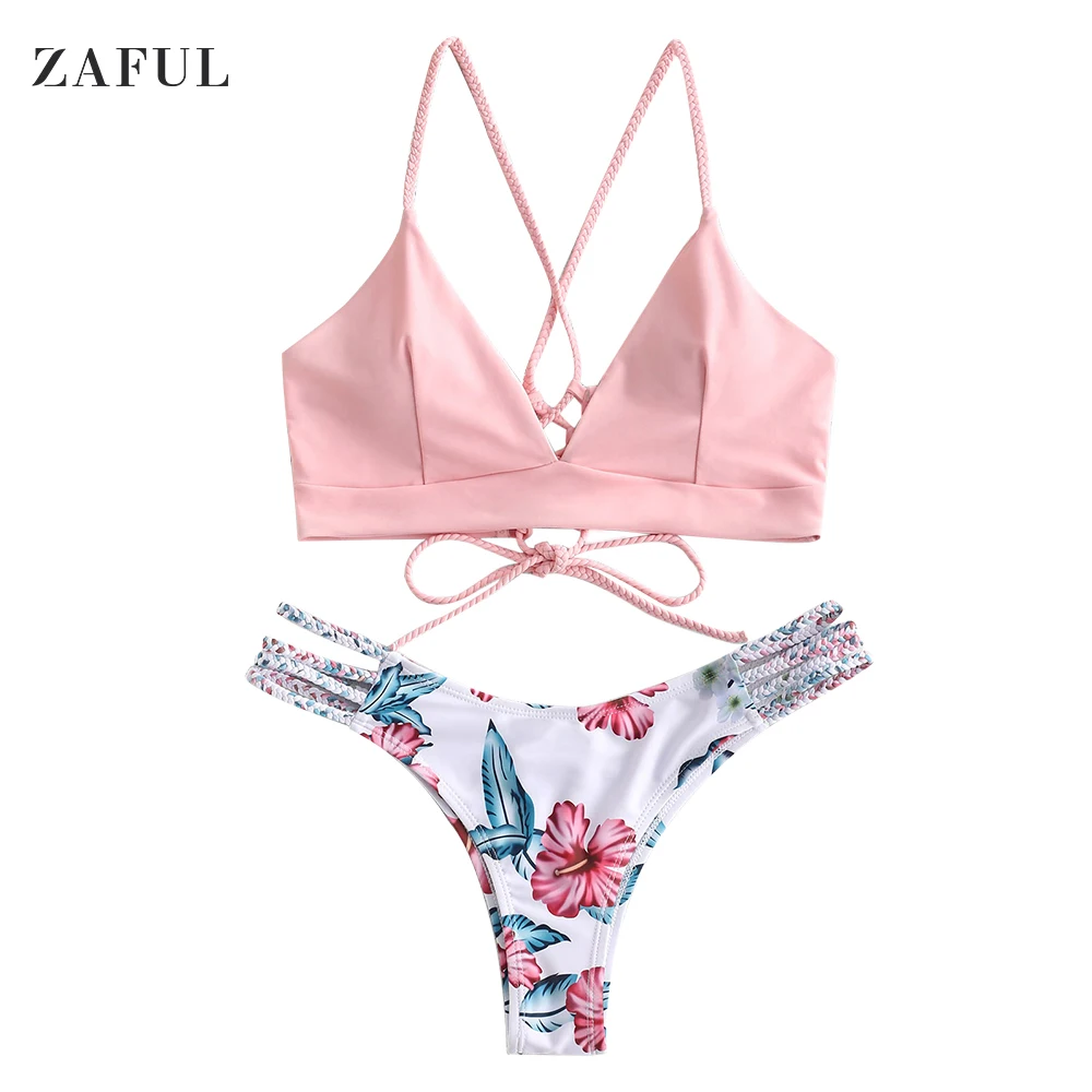 Light Pink ZAFUL, женский сексуальный купальник, Плетеный, на бретельках, Цветочный, бикини, набор, пляжный костюм, без проволоки, мягкий, Цветочный, летняя пляжная одежда, купальник - Цвет: Light Pink
