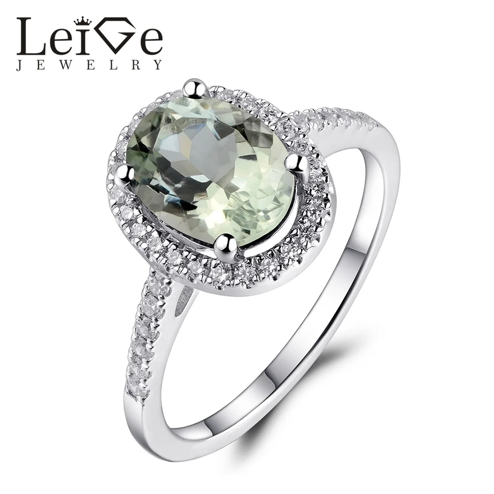 Leige Jewelry Sterling Silver Engagement Promise Ring for Women Natural Oval Cut Green Amethyst Gemstone Ring Anniversary Gift