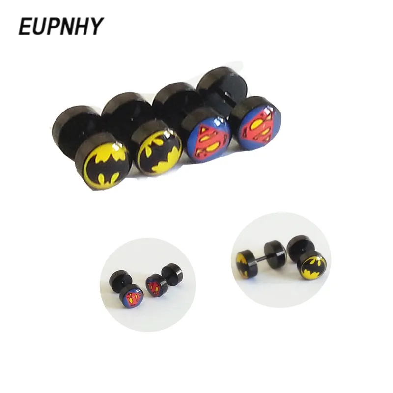 

EUPNHY 1Pair Batman Superman Acrylic Barbell Earrings Men Women Hip Hop Barbell Stud Earrings Piercing Superhero Earring Jewelry