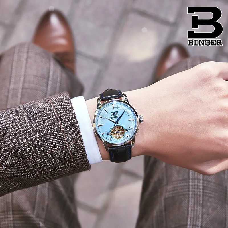 Высококачественные часы Relogio Masculino Бингер автоматические часы для мужчин механический скелет повседневные кожаные часы синий