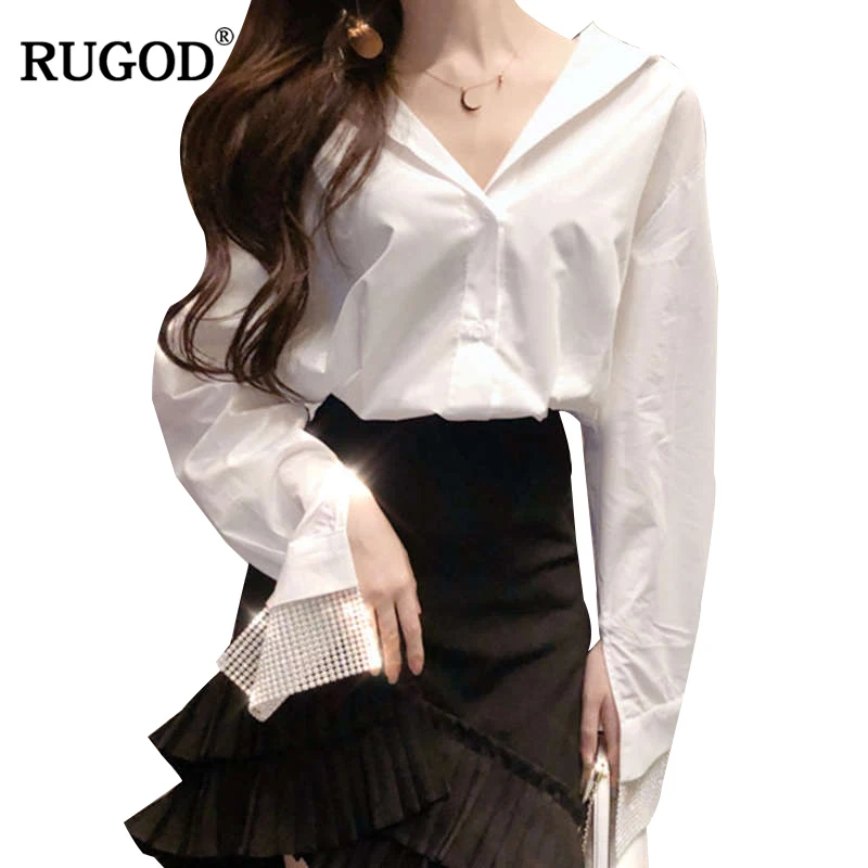 

RUGOD Elegant Diamond Cuff Patchwork Long Sleeve Blouse Women Casual Office Lady V Neck White Shirt Autumn Blusa Befree Kimono