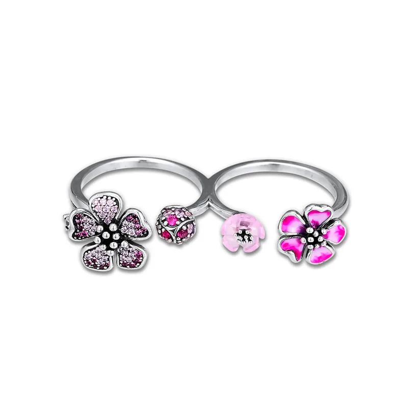 

Peach Blossom Flowers Silver Ring Mixed Pink Color Open Rings for Women 925 Sterling Silver Two Linked Rings Female Jewelry