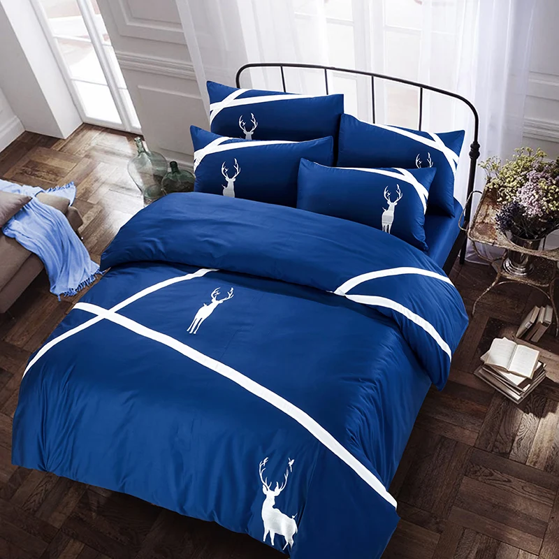 

Classic Blue Bedding Deer Embroidery Cotton Bedding Set Satin Duvet Cover Bed sheet Pillowcase Bed Linen Home textile King Queen