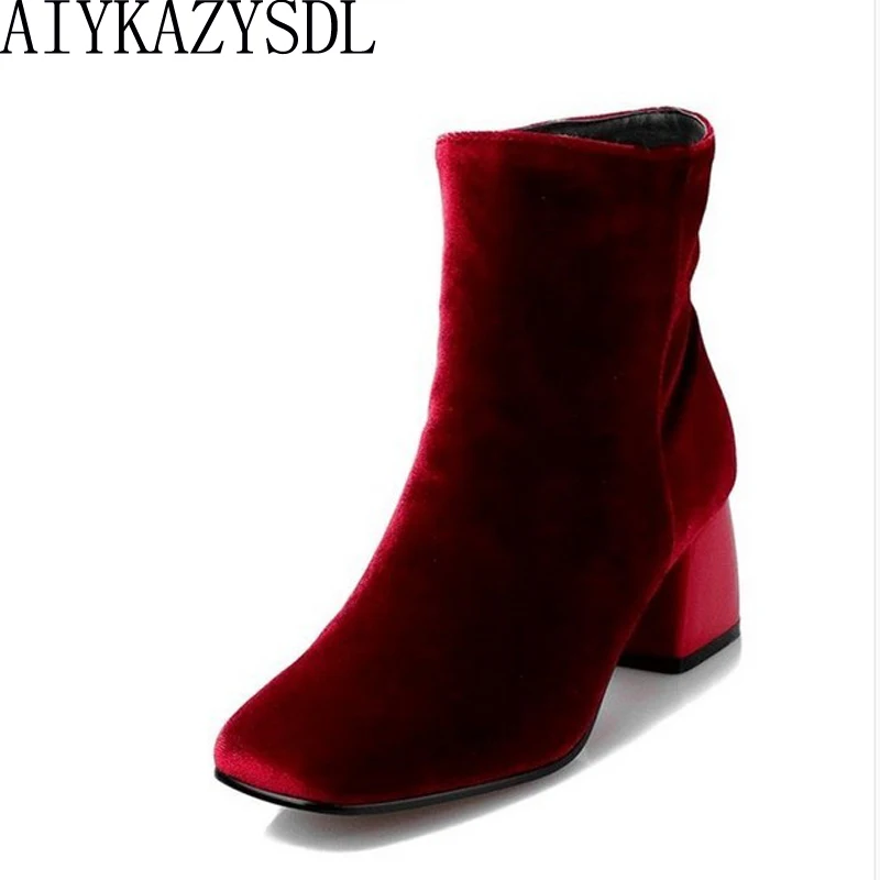 

AIYKAZYSDL Plus Size 35-43 Burgundy Fashion Velvet Ankle Boots Women Boots Block Chunky Med Heel Chelsea Boots Winter Warm Shoes
