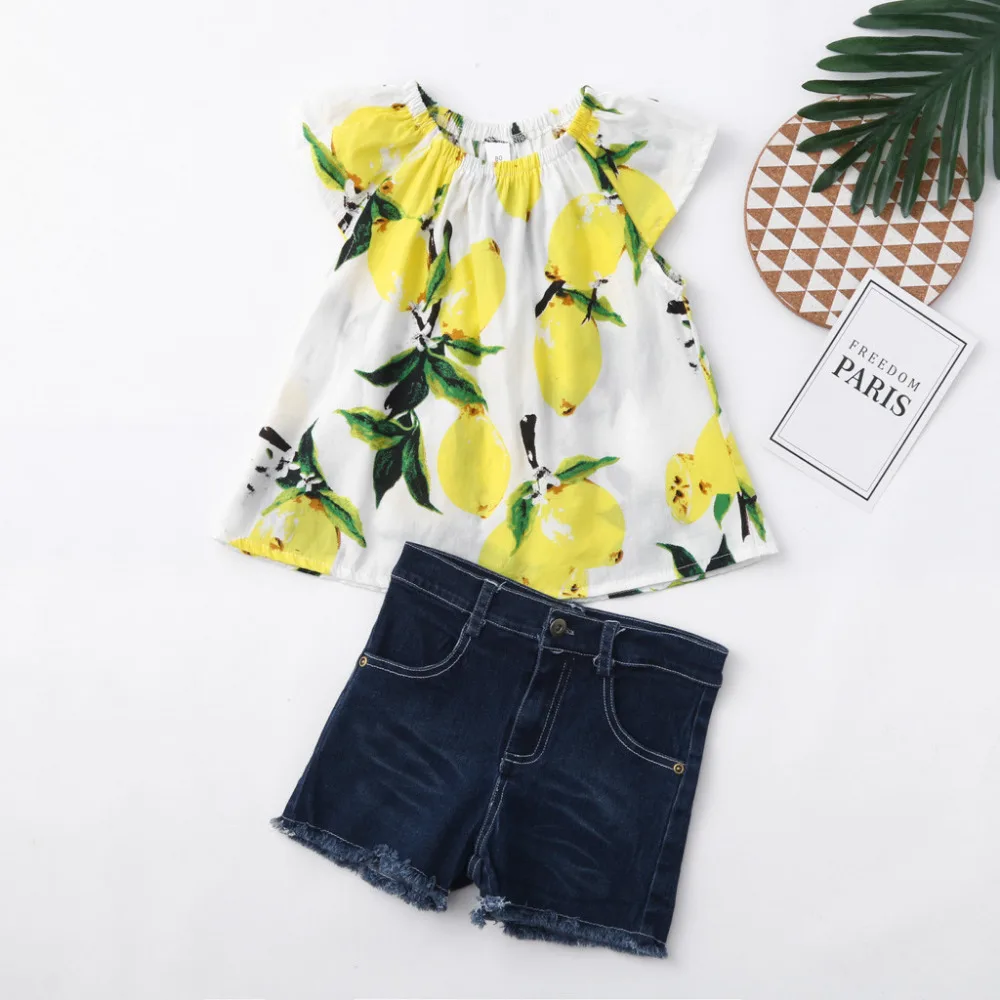 New Fashion Summer Childern Sets Toddler Baby Girls Fruits Lemon Print Ruffle Tops+Hole Denim Jean Shorts Outfits Girl Clothes