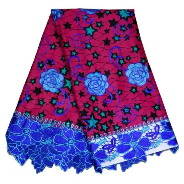 

6Y/pc Fashionable stars serie fuchsia hollandais printed wax fabric and blue water soluble african cord lace for dress LBL27-4