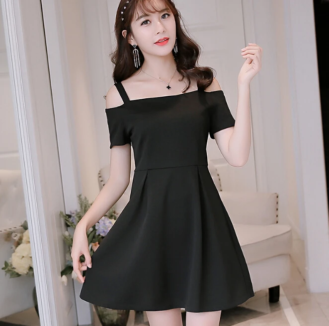 Корейское летнее платье, женская одежда, милое платье с коротким рукавом, модное платье с вырезом лодочкой и тонкими лямками, белое, черное, красное платье Vestidos