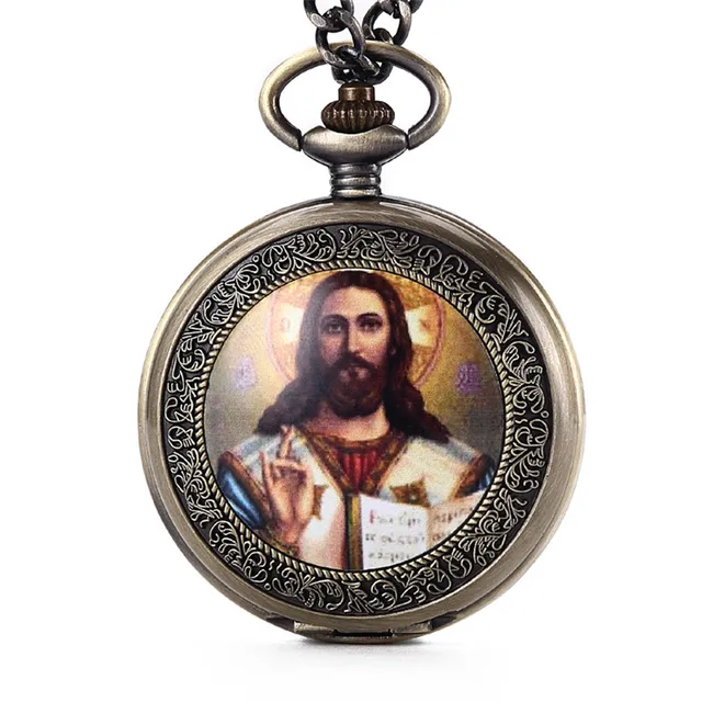 Retro Jesus Holding a Bible Design Pocket Watch Mens Classic Christian