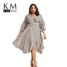 Kissmilk Plus Size 2018 New Fashion Women Summer Striped Lantern Sleeve V Neck Ruffles Wrap Mid Calf A Line Dress Kissmilk Plus Size 2018 New Fashion Women Summer Striped Lantern Sleeve V Neck Ruffles Wrap Mid Calf A Line Dress