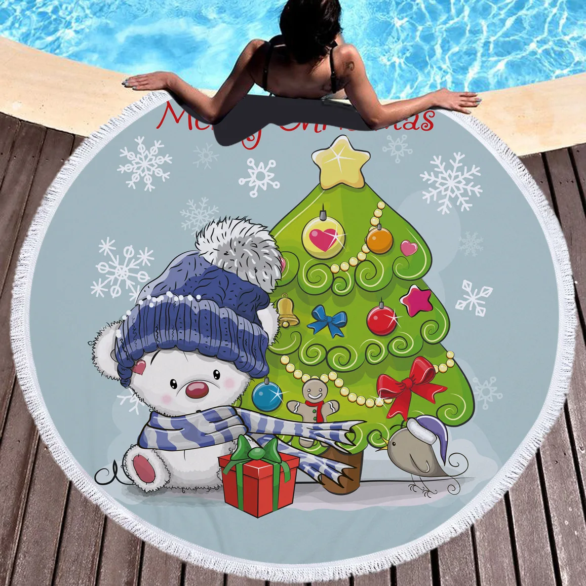 Round Christmas Snowman Cartoon Bath Towel Santa Elk Summer Beach Picnic Yoga Mat Floral Polyester Circle Sunbath Blanket | Дом и сад