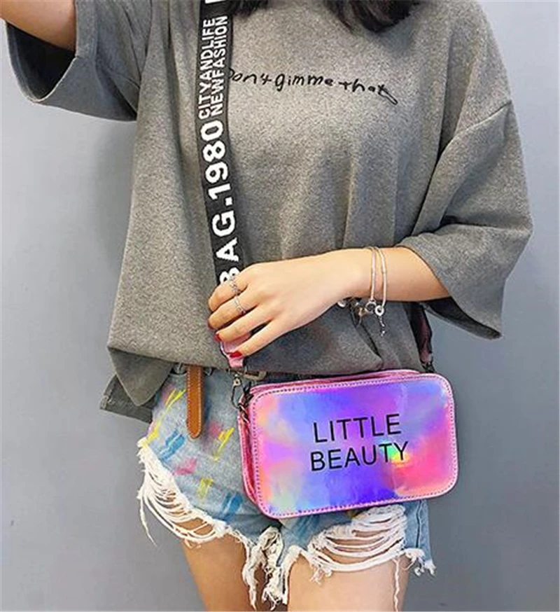 Модные лазерные цветные женские сумки через плечо, популярные женские сумки с буквенным принтом, сумки-мессенджеры, женские сумки через плечо с широким ремешком
