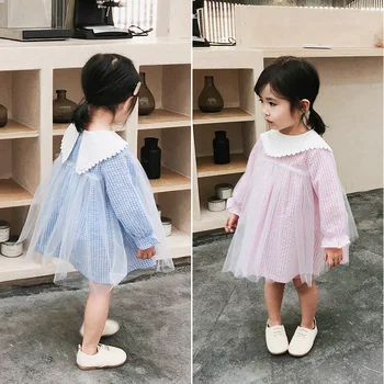 

2019 Spring New Arrival Korean style cotton A-line style all-match princess plaid long sleeve dress with cute sweet baby girls