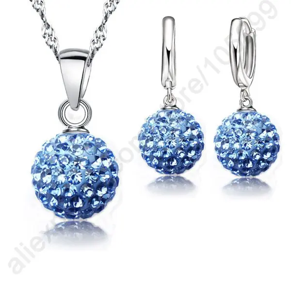 Горячие Новые Ювелирные наборы 925 пробы серебро австрийский кристалл проложить диско шар рычаг назад серьги женское ожерелье с подвеской - Окраска металла: Blue