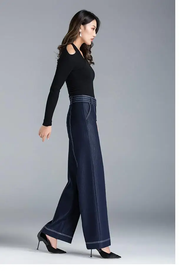 Denim Mode Rayé Lâche Casual Sash Automne Pantalon Jambe Femmes Bleu Printemps Pantalon Jeans Taille Blue Large Femme Haute 3xl rwnPBrqp