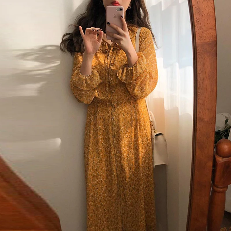 

Spring Lady Chiffon Dress Floral Print Ruffles Long Dress Classic Robe Longue Vestido Largo Vestiti Lunga