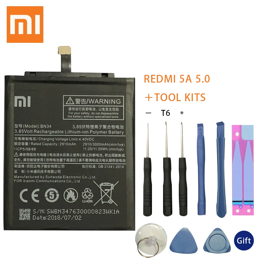 

Xiao Mi Original Phone Battery BN34 for Xiaomi Redmi 5A 5.0" Replacement Battery 2910mAh High Capacity Phone Batteries + Tools