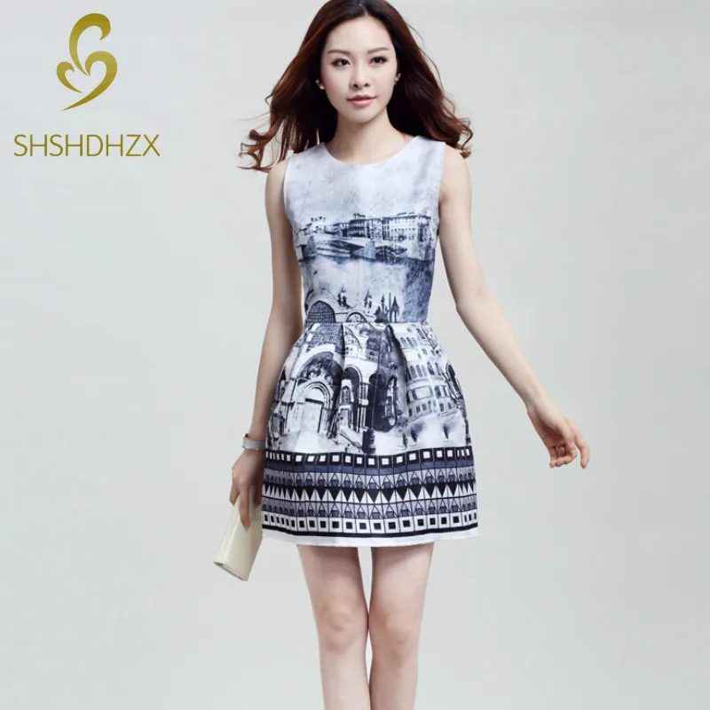 

Europe retro digital printing Jacquard was thin sleeveless vest dress S-XL LI460