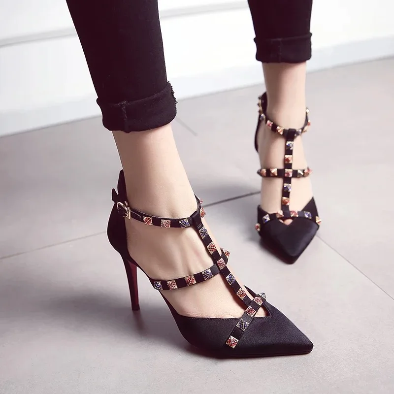 

2019 Shoes Women fashion high heels colorized rivet silks satins shoes narrow band ankle strap pointed thin heels sexy pumps