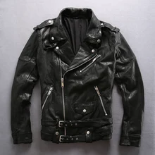 Мужская Байкерская кожаная куртка с ремнями, приталенная мотоциклетная кожаная куртка из овчины, мужская куртка из натуральной кожи для мужчин
