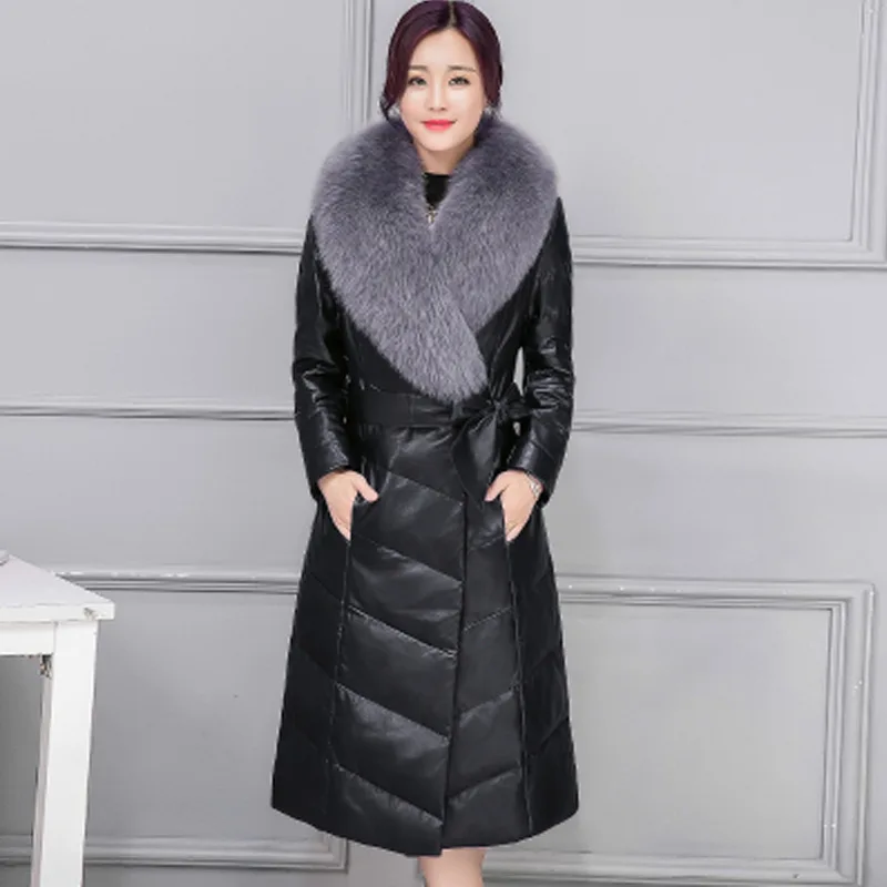 Kmeram, модная зимняя куртка, Женская Длинная кожаная куртка, женская мода, воротник из искусственного лисьего меха, теплая куртка, M-4XL, HH424