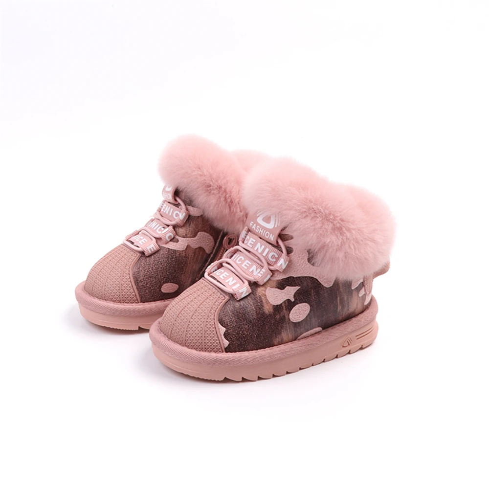 

Boys Girls Snow Boots PU Camouflage Kids Winter Shoes Warm Plush Boots Leather with Rabbit Hair High Grade Children Shell Shoes