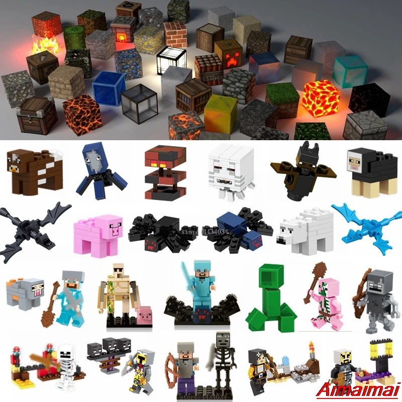 

LEGOing Minecraft Zombie Alex Steve Pig Ghast Animals Figures Set DIY Game Building Blocks Minecraft Legoings Toys for Children