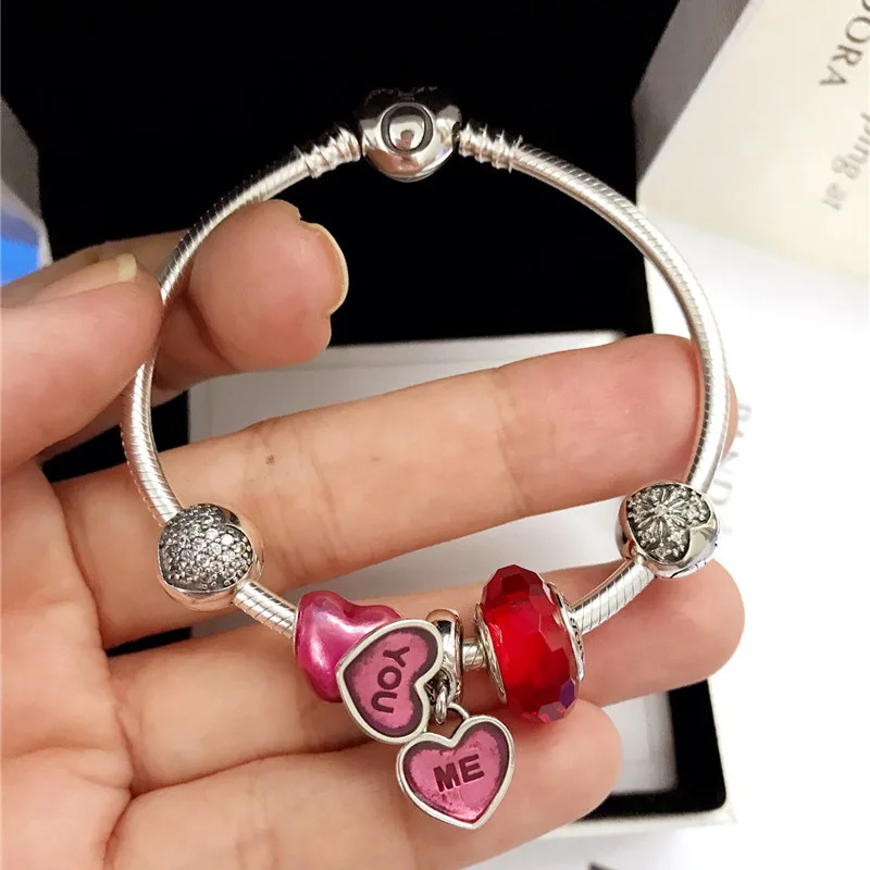 

2019 Hot Sale 925 Sterling Silver Bracelet Cute Romantic Love Pink Series Beads DIY Women Finished Charm Bracelet