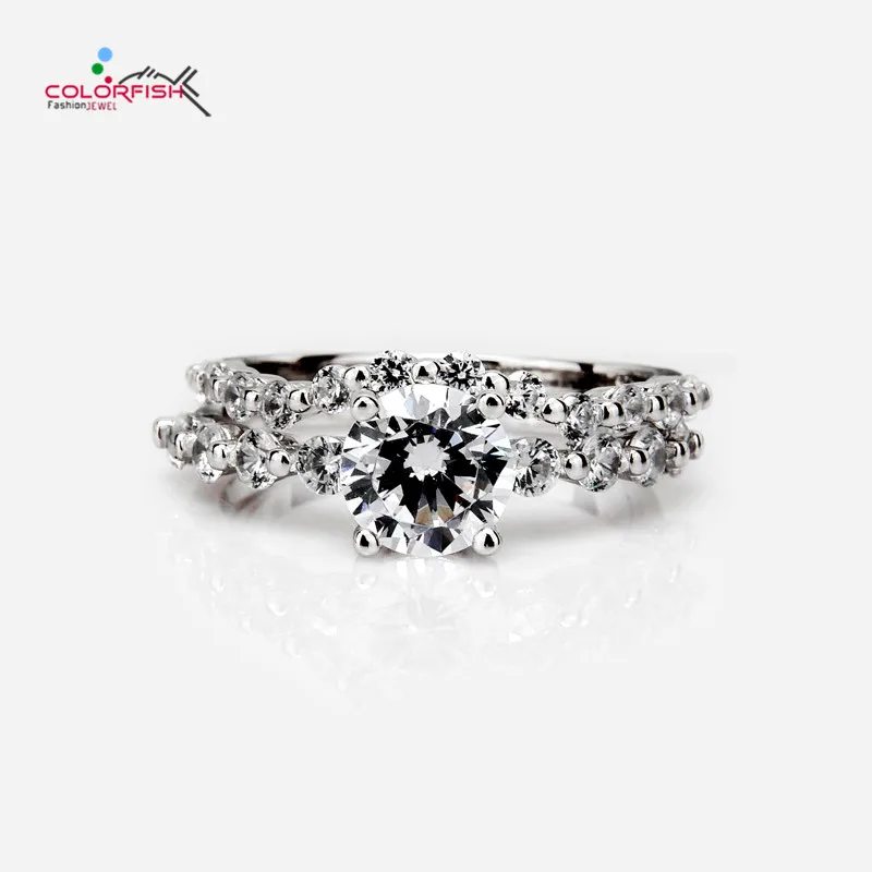 

COLORFISH Solitaire Engagement Ring Set For Women 1.25 Ct Round Cut Jewelry 2mm Wedding Band 925 Sterling Silver Bridal Ring Set